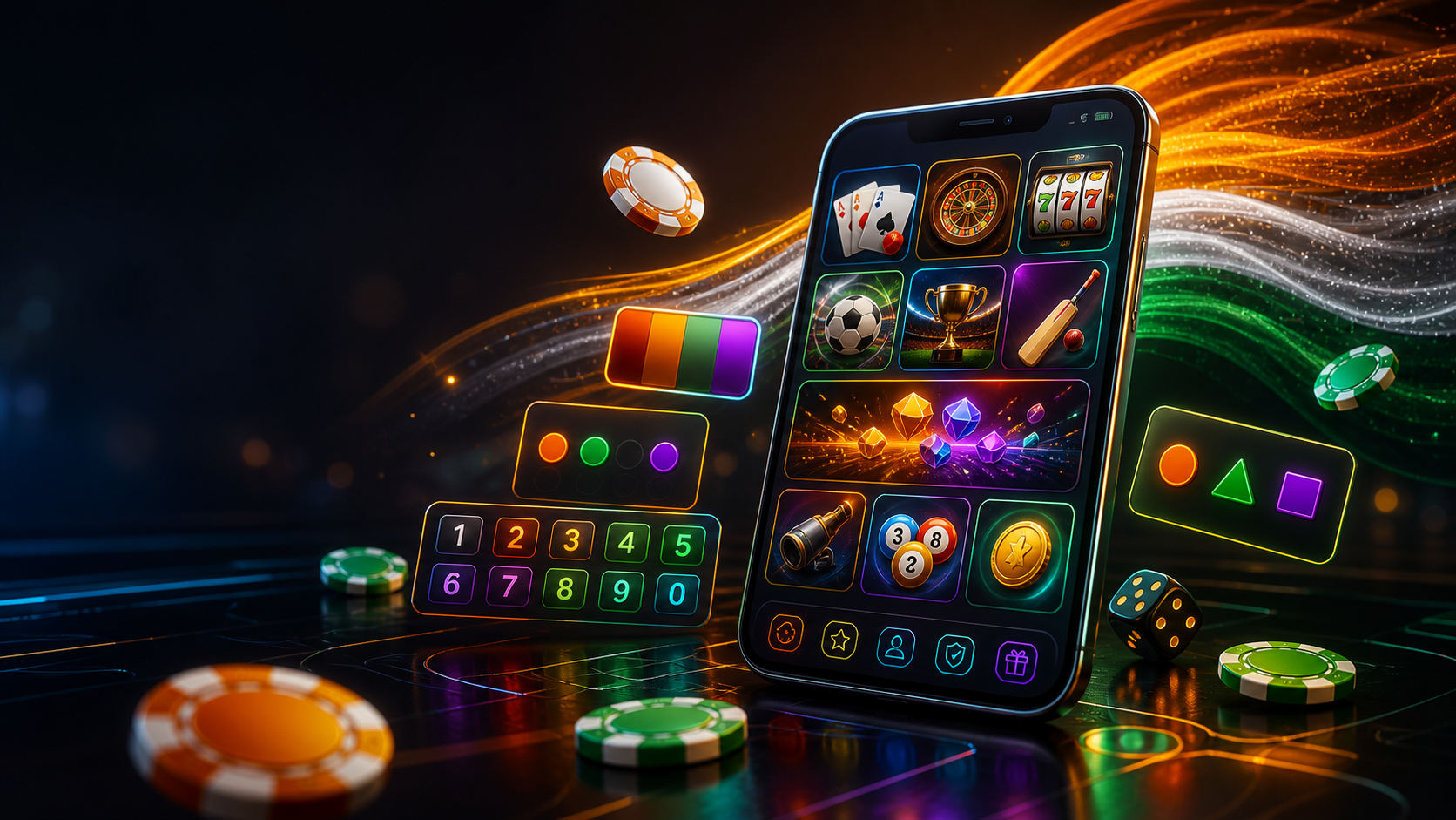 Neon mobile game lobby with color, number, card and arcade game tiles